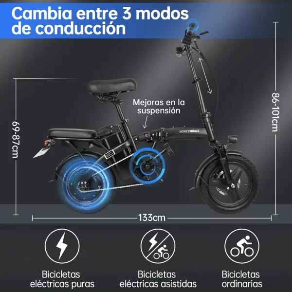 BICICLETA ELÉCTRICA PLEGABLE HONEY WHALE S6-S NEGRO - Imagen 2